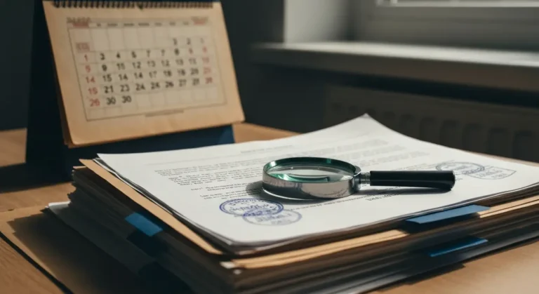 Stos dokumentów sadowych i akt sprawy z lupa na biurku, symbolizujacy aktualnosc orzecznictwa frankowego