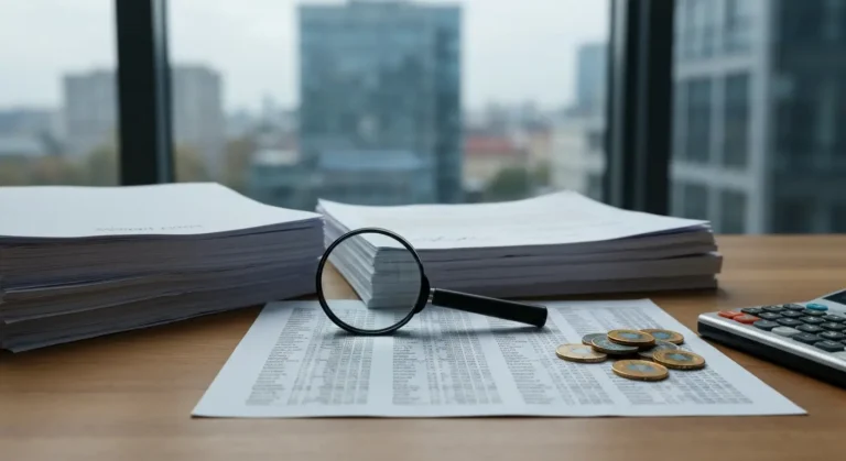 Dokumenty kredytu frankowego z aneksem, lupa nad tabelą kursową i monety CHF na biurku