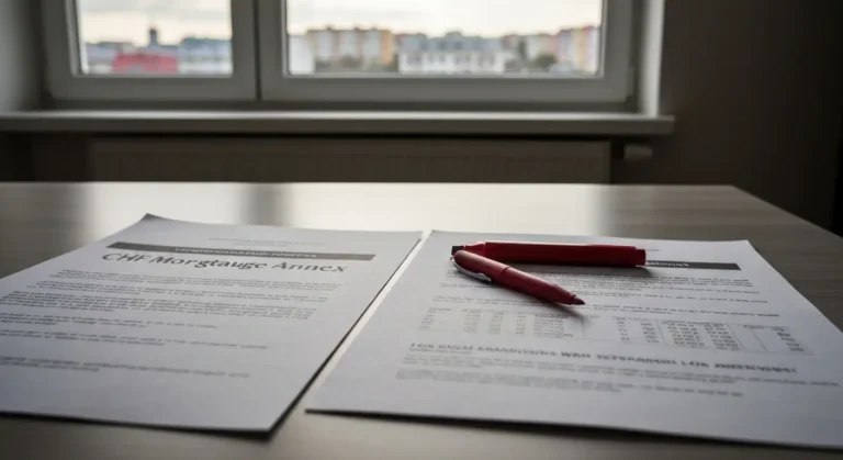 Dokumenty aneksu do umowy kredytu frankowego leżące na biurku obok długopisu i zakreślacza