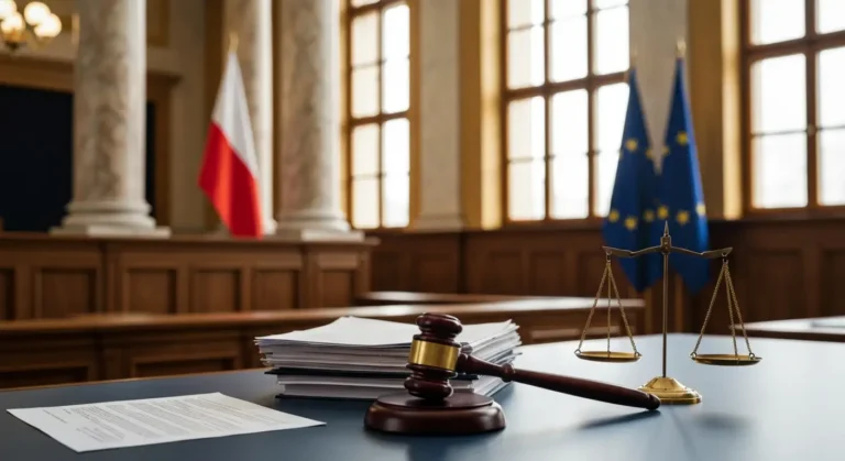 Sędziowski młotek i dokumenty sądowe na tle flagi Unii Europejskiej i flagi Polski w sali sądowej