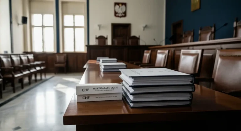 Sala sądowa z aktami spraw kredytów frankowych na stole, symbolizująca uchwałę Sądu Najwyższego III CZP 6/21