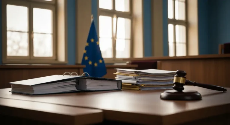 Biurko sędziowskie z aktami sprawy kredytu frankowego i flagą Unii Europejskiej w tle sali sądowej