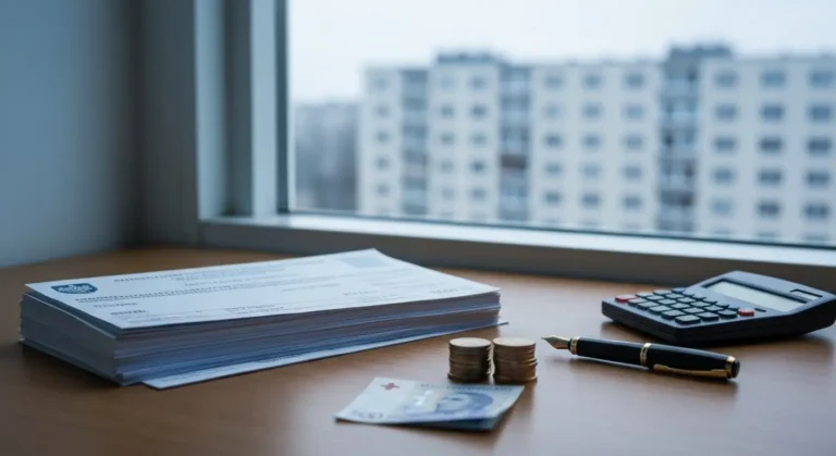 Dokumenty bankowe, kalkulator i banknot frankowy symbolizujące rozliczenie świadczenia nienależnego z umowy CHF
