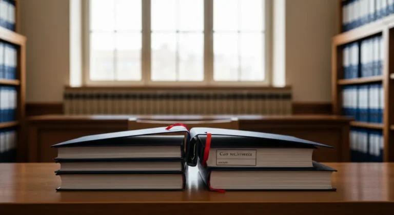 Stos akt sądowych i tomów prawniczych na biurku w archiwum sądu, symbolizujący sygnatury uchwał Sądu Najwyższego