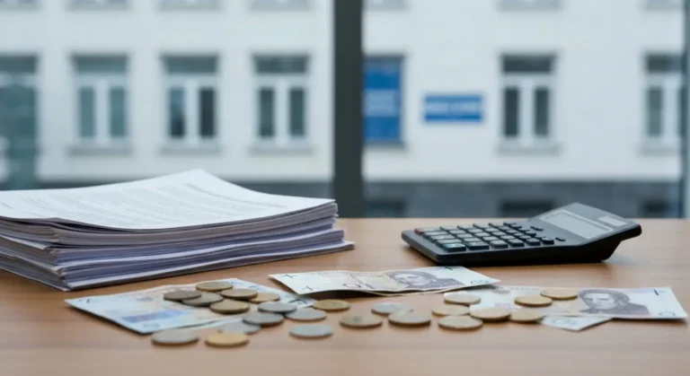 Dokumenty kredytowe, kalkulator oraz banknoty frankow szwajcarskich i zlotowek symbolizujace rozliczenie po niewaznosci