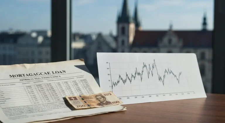 Umowa kredytu frankowego na biurku z wykresem gwałtownego wzrostu kursu CHF w tle miasta