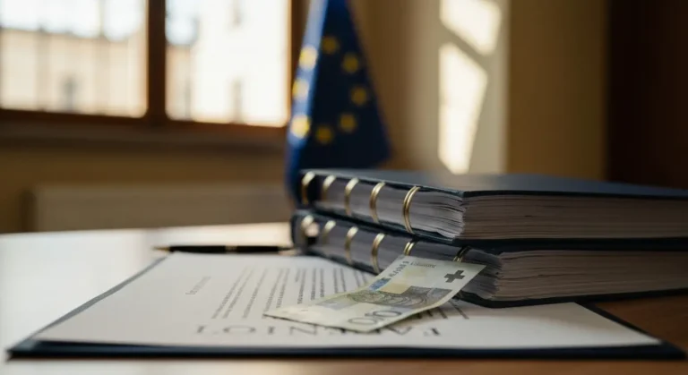 Dokumenty kredytu frankowego na biurku prawnika z bankowym symbolem UE w tle