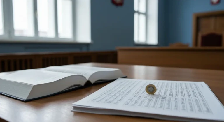 Dokumenty kredytu frankowego i kodeks cywilny na biurku sądowym symbolizujące spór o klauzule abuzywne