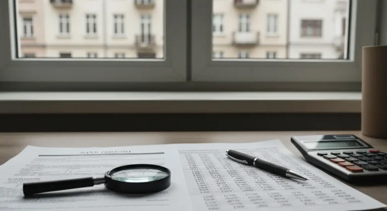 Dokumenty kredytowe i tabela kursowa banku na biurku, w tle polska kamienica za oknem