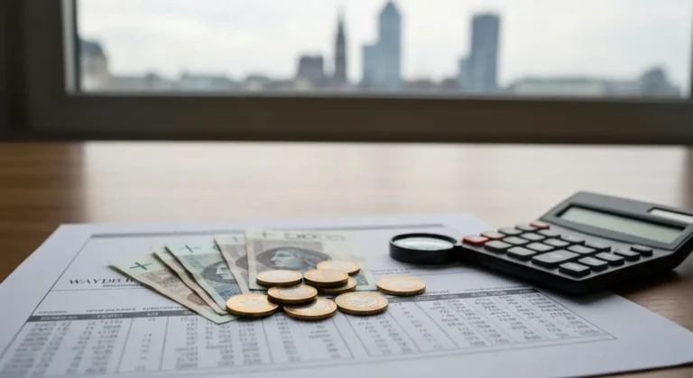 Umowa kredytu frankowego z tabelą kursową, banknotami zlotowymi i frankami szwajcarskimi na biurku