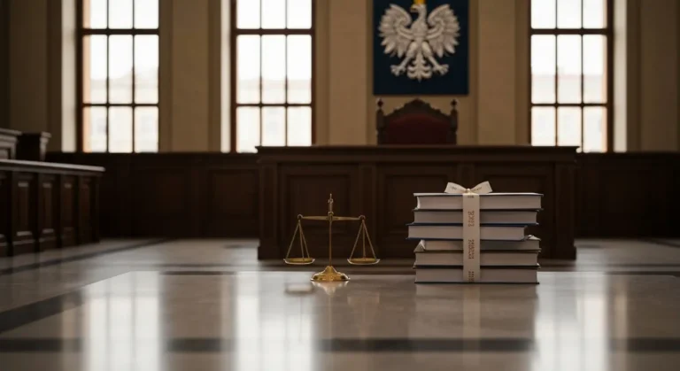 Sala sądowa z wagą sprawiedliwości i aktami spraw symbolizująca rangę wyroków w sprawach frankowych