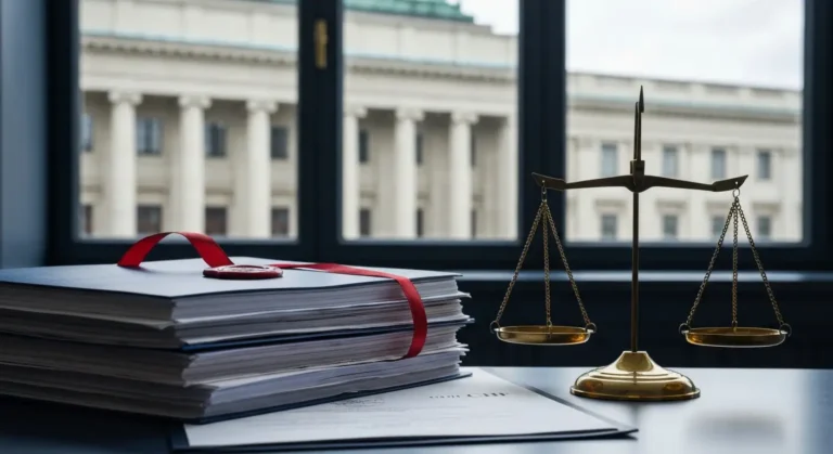 Dokumenty kredytu frankowego na biurku z wagą i budynkiem sądu w tle, symbol nadzoru bankowego