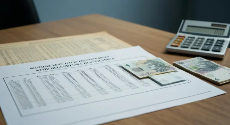 Umowa kredytu frankowego z harmonogramem splat, kalkulatorem oraz banknotami zlotowka i frank na biurku