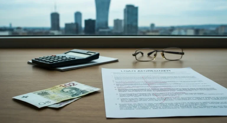 Banknoty frank i zloty obok umowy kredytowej z zaznaczonymi klauzulami na biurku