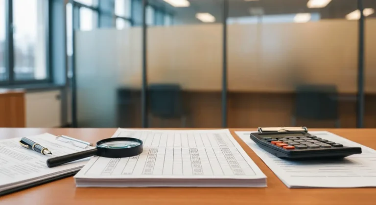 Biurko bankowe z tabelami kursów walut, lupą i dokumentami kredytu frankowego