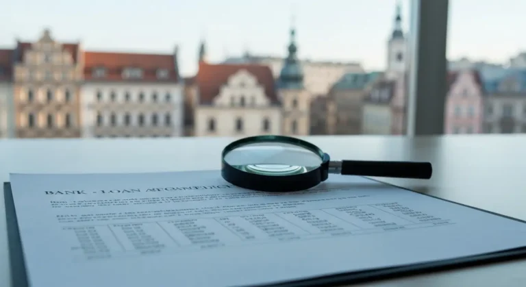 Dokument umowy kredytowej z lupą na biurku, w tle rozmyta polska panorama miasta
