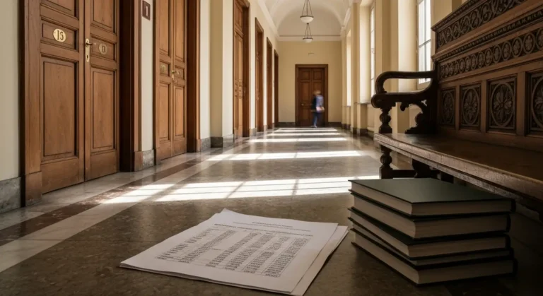 Korytarz sądowy z aktami sprawy kredytowej i rozmytą tabelą kursową w tle