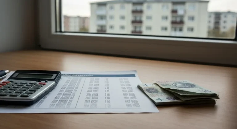Harmonogram splat kredytu, kalkulator oraz banknoty franka szwajcarskiego i zlotowek na biurku