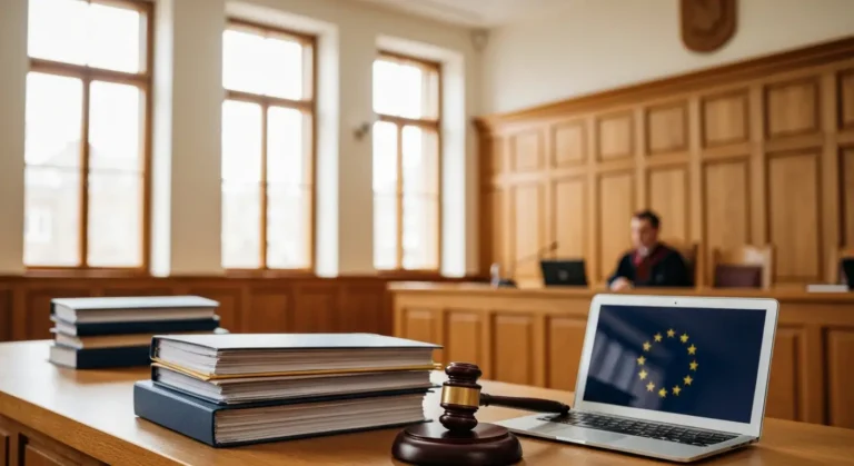 Sala sądowa z aktami sprawy frankowej na biurku sędziowskim i rozmytym symbolem UE na laptopie