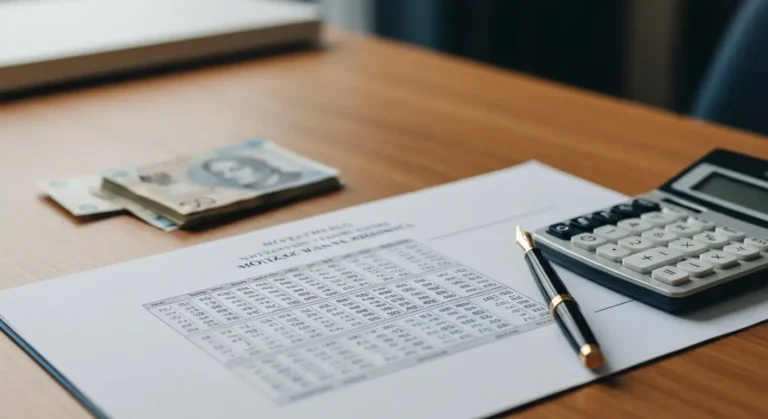 Dokumenty umowy kredytu frankowego na biurku z kalkulatorem i banknotami