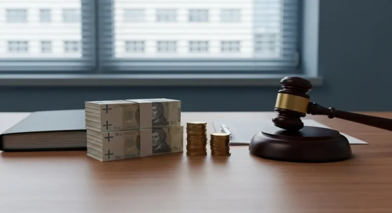 Banknoty złote i monety franka szwajcarskiego obok teczki kredytowej i młotka sędziowskiego symbolizujące spór o kapitał