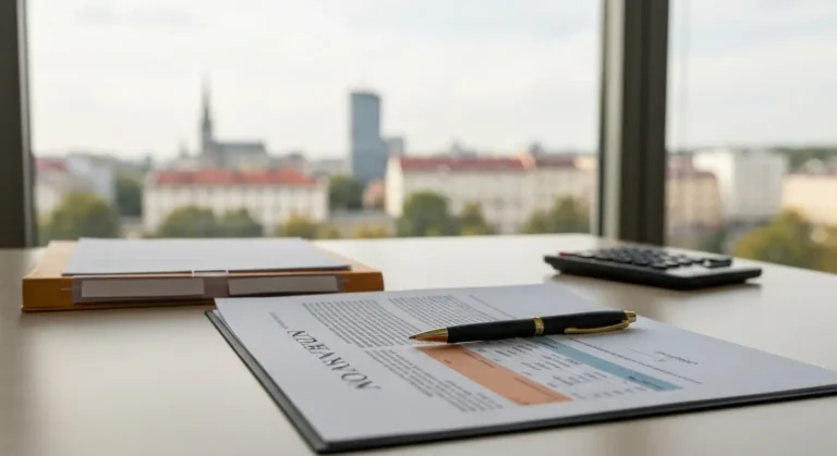 Dokumenty umowy kredytowej z długopisem na biurku, w tle rozmyta panorama miasta