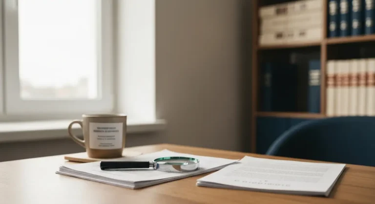 Dokumenty umowy kredytu frankowego na biurku z lupą, symbolizujące analizę statusu konsumenta