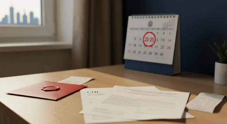 Dokumenty reklamacji i umowy kredytu frankowego na biurku, w tle kalendarz z zaznaczonym terminem