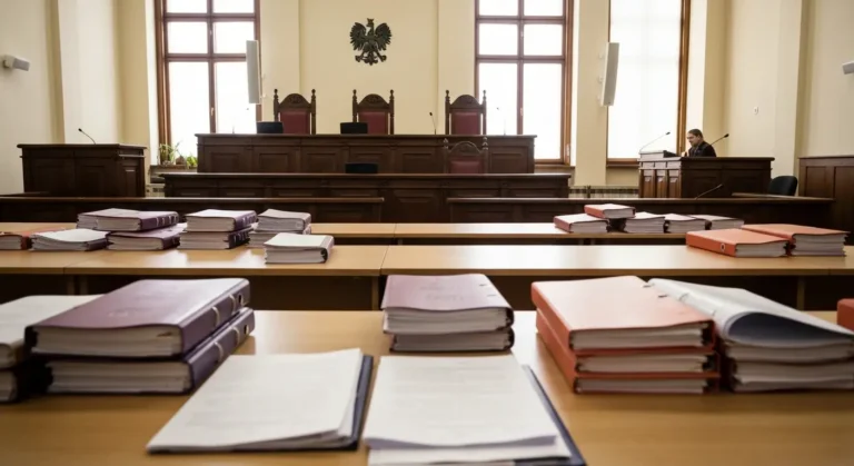 Wnętrze sali sądowej z ławą sędziowską i dokumentami sprawy kredytu frankowego na stole