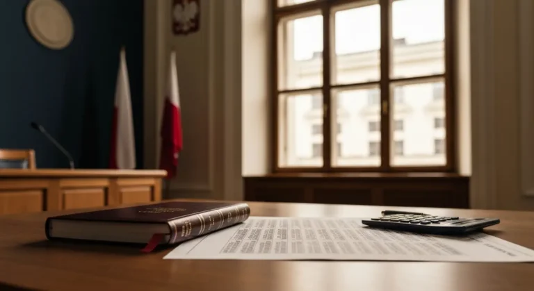 Biurko sędziowskie z kodeksem cywilnym i tabelą kursów walut symbolizujące zastąpienie klauzuli kursowej kursem NBP