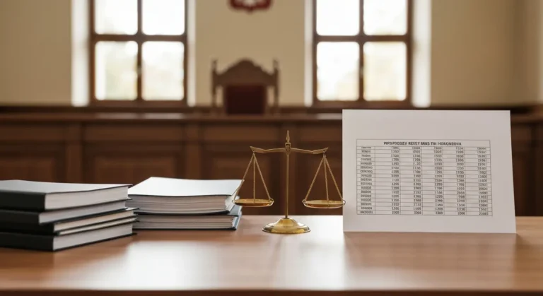 Biurko sędziowskie z dokumentami i tabelą kursów walut symbolizujące spór o klauzule kredytu frankowego