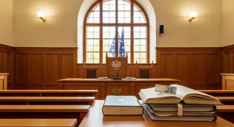 Pusta sala sądowa z ławą sędziowską, aktami sprawy i banknotem franka szwajcarskiego symbolizująca pytanie prejudycjalne