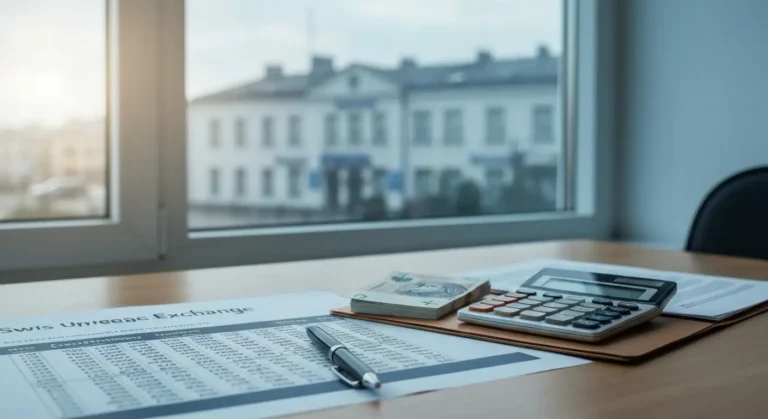 Kalkulator, tabela kursów walut i dokumenty kredytowe symbolizujące spread walutowy w kredycie frankowym