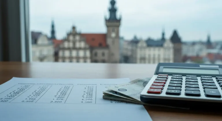 Tabela kursów walutowych banku obok banknotów franka szwajcarskiego i złotówek na biurku