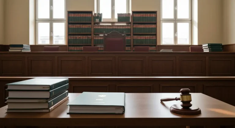 Pusta sala sądowa z podium sędziowskim i regałem tomów prawa, symbol mocy prawnej uchwał sądowych
