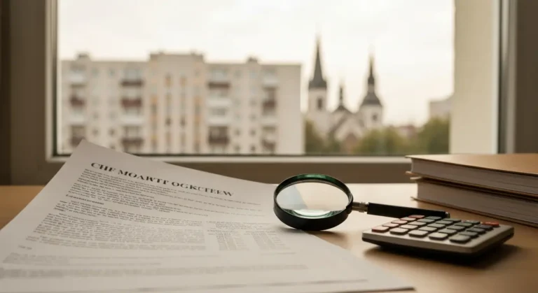 Dokumenty umowy kredytu frankowego z tabelą kursową, lupa i kalkulator na biurku przy oknie z widokiem na polskie miasto