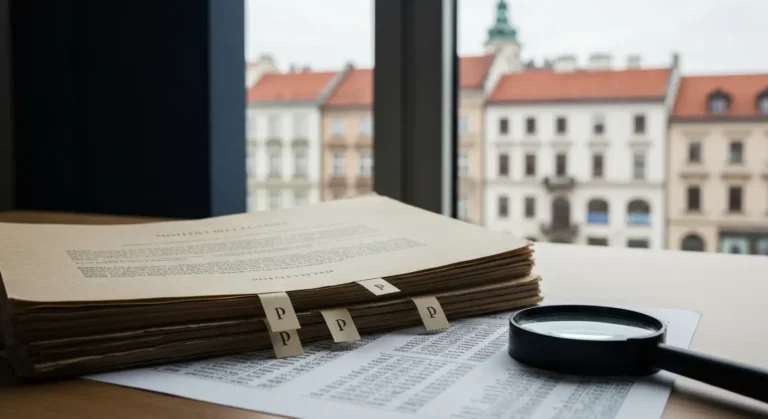 Dokumenty umowy kredytu we frankach szwajcarskich na biurku kancelarii z lupą i tabelami kursowymi w tle