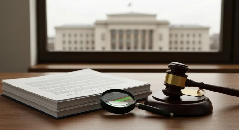 Dokumenty umowy kredytu CHF na biurku z lupą i młotkiem sędziowskim symbolizujące analizę klauzuli w rejestrze UOKiK