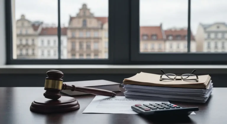 Młotek sędziowski i dokumenty umowy kredytu frankowego na biurku w tle warszawskiej kamienicy
