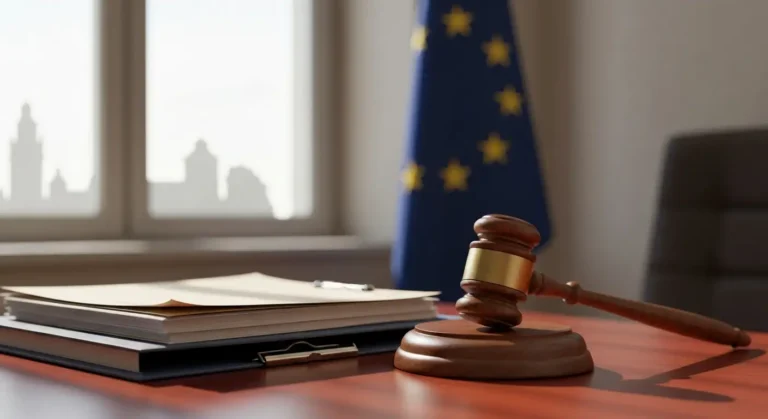 Młotek sędziowski i dokumenty umowy kredytowej na tle rozmytej flagi Unii Europejskiej