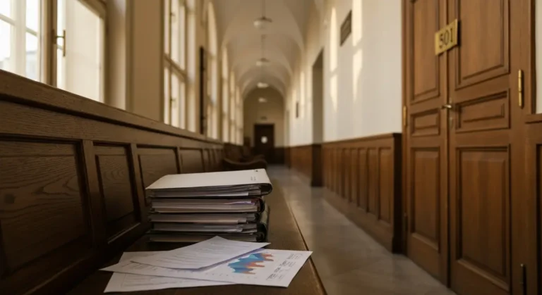 Korytarz sądowy z aktami sprawy kredytu frankowego na drewnianej ławce, w tle zamknięte drzwi sali rozpraw