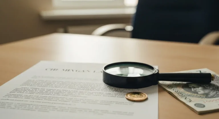 Umowa kredytu frankowego na biurku z lupą nad fragmentem tekstu i monetami CHF w tle
