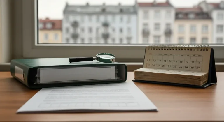 Biurko kancelarii prawnej z dokumentem, kalendarzem i lupą symbolizujące datę publikacji i aktualizacji tekstu prawnego