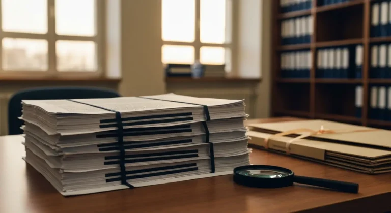 Stos zanonimizowanych dokumentów sądowych z zaczernionymi fragmentami tekstu na biurku w archiwum sądu