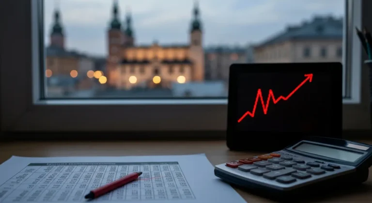 Dokumenty kredytu frankowego, kalkulator i wykres kursu CHF na biurku w mieszkaniu