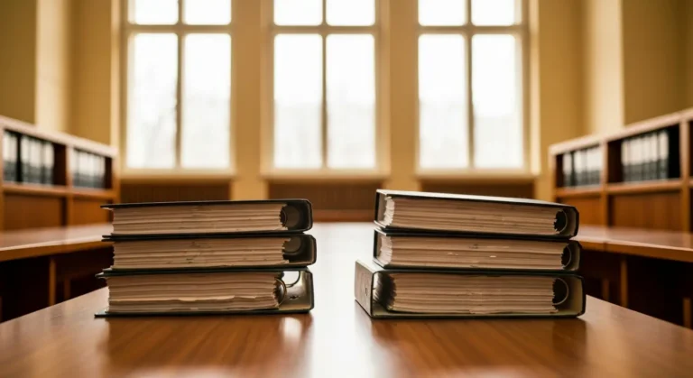 Dwa stosy akt sądowych spraw frankowych na stole w sali sądowej, symbol rozbieżnych wyroków