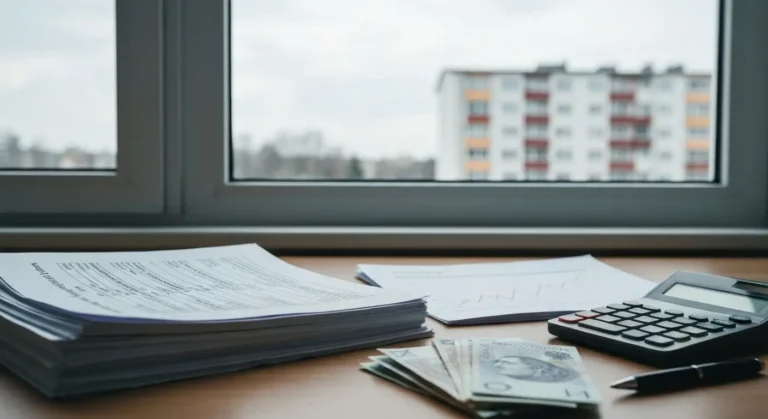 Dokumenty kredytu frankowego, kurs walut i banknoty CHF na biurku z widokiem na polskie bloki mieszkalne