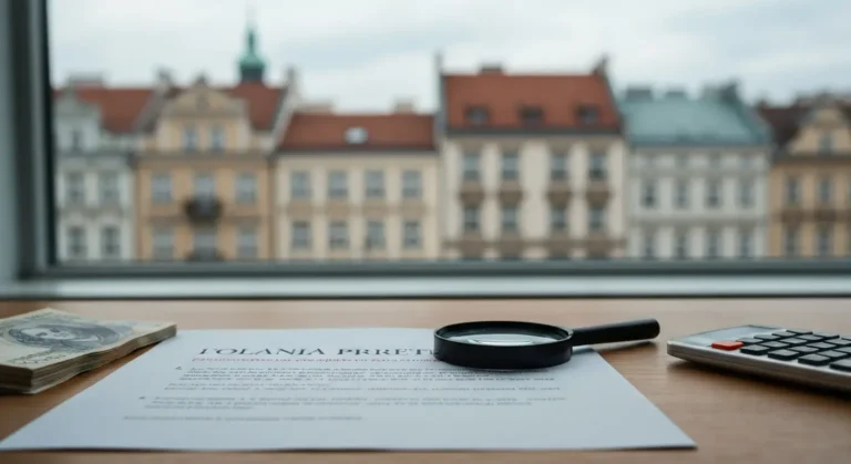Umowa kredytu frankowego na biurku z lupą i kalkulatorem, w tle sylwetka polskiego miasta