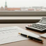 Dokumenty kredytu frankowego z tabelami liczbowymi i kalkulatorem na biurku prawniczym