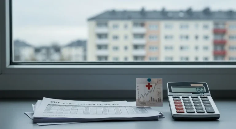 Dokumenty kredytu frankowego, kalkulator i wykres kursu CHF na biurku w mieszkaniu